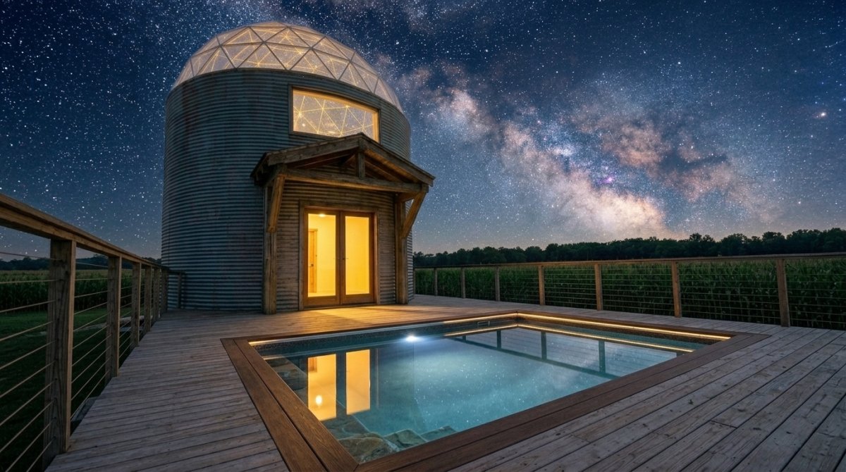 Grain Silo Home with Geodesic Dome Roof and Back Patio Plunge Pool