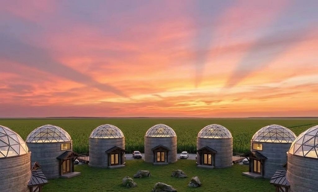 Sunset Grain Silo Home with Geodesic Dome Roof